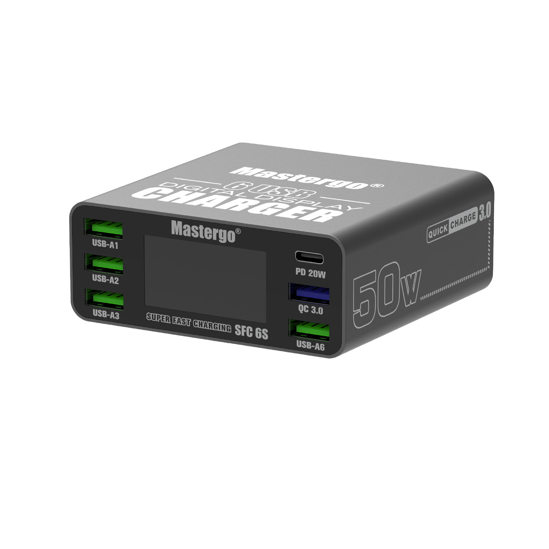 FAST CHARGING MASTERGO SFC-6S Rated total power 50W. Single port peak power PD 20W. Single port peak power QC 20W.